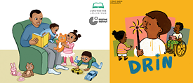 Links eine Illustration von einem POC-Vater, der seinen Kindern liest. Rechts eine illustration von POC-Kindern, einer sitzt im Rollstuhl.