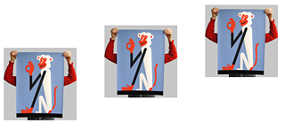 Der Künstler hält ein Bild eines bunten Affen hoch