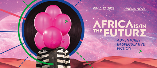 Eine Person mit Luftballons anstelle des Kopfes, vor einem pinken Himmel.