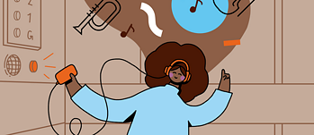 Eine Illustration von einer POC-Frau, die fröhlich E-Books und Audios anhört