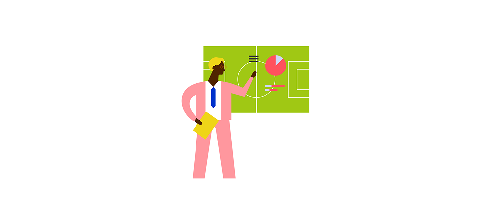 Illustration: A person points to a presentation with diagrams; the background of the presentation looks like a football field