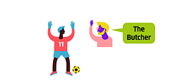  Illustration: A football player with raised arms, next to him a male person with a speech bubble containing the text "The Butcher"