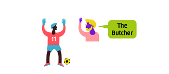 Illustration: Ein Fußballspieler mit erhobenen Armen, daneben eine männliche Person mit Sprechblase die den Text „The Butcher“ enthält
