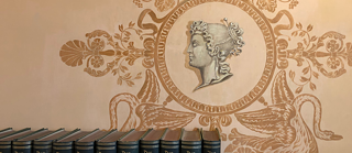 Pale pink wall, drawing on wall in grey of a woman's head in profile, the spines of some green books visible at left side bottom of frame