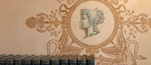 Blassrosa Wand, an der Wand in grauer Zeichnung eines Frauenkopfes im Profil, die Buchrücken einiger grüner Bücher sichtbar am linken unteren Rand des Rahmens