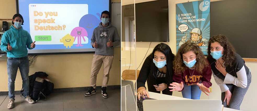 Schüler*innen des Naturwissenschaftlichen Gymnasiums „N. Copernico“ in Brescia (Foto li.) und des Sprachgymnasiums „Assunta Pieralli“ in Perugia (Foto re.) bei ihren Schnupperstunden