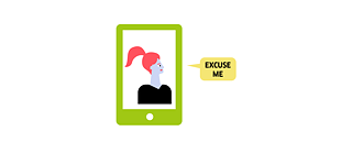 Illustration: Eine Person auf einem Mobilgerät, Sprechblase mit der Aufschrift „Excuse me“