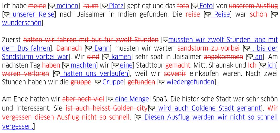 Exemplo da otimização de texto de uma aluna de língua feita por um modelo linguístico (GPT-NeoX 20B via https://nlpcloud.com) | © Goethe-Institut