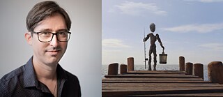 Portrait eines Mannes auf der linken Seite, Figur auf einem Steg vor blauem Hintergrund auf der rechten Seite