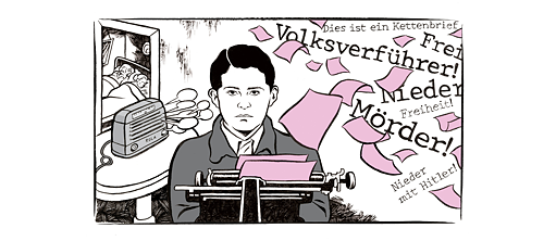 Ein Mann an einer Schreibmaschine aus der rosa Blätter fliegen. Wörter in der rechten Bildhälfte.