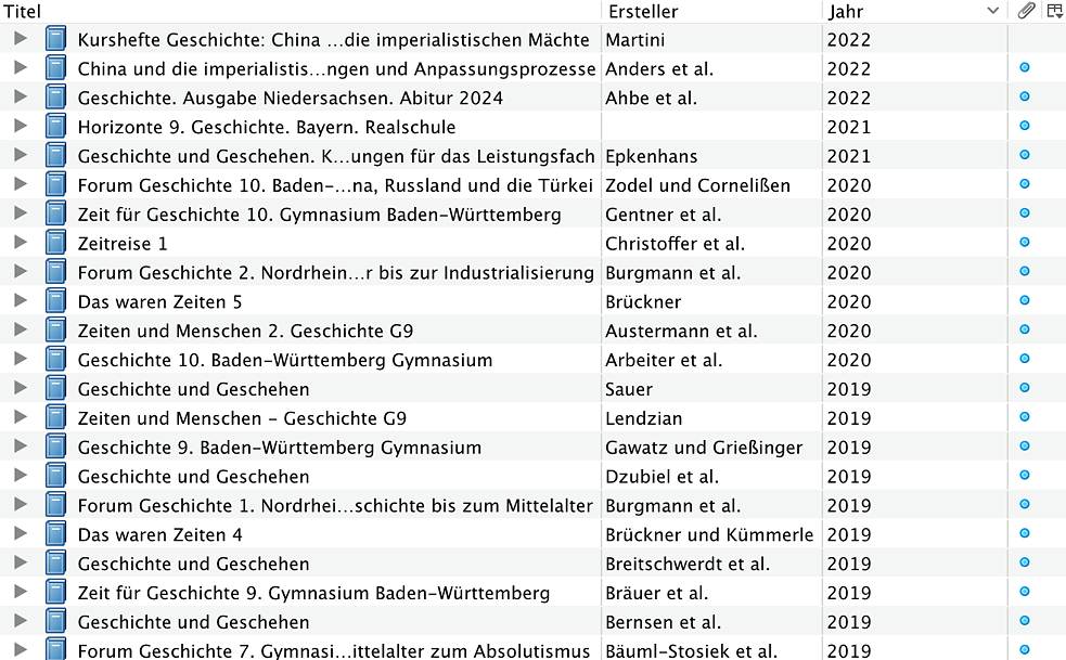 Screenshot einer Schulbuchauswertung in der Zotero-Datenbank