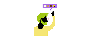 Illustration: Eine Person mit Sprechblase, die Sprechblase enthält mehrere Emojis