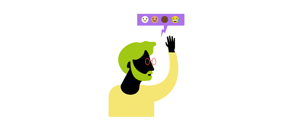 Illustration: A person with a speech bubble, the speech bubble contains several emojis