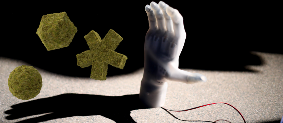 Growing Body of Evidence Banner Electronic hand model trying to grasp floating moss objects in mid-air