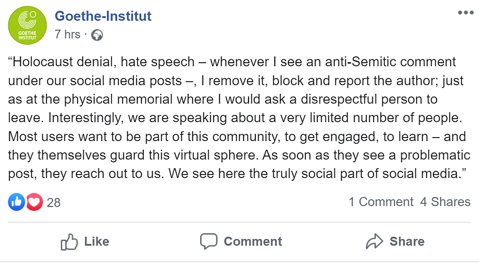 Facebook post by Pawel Sawicki reading: “Holocaust denial, hate speech – whenever I see an anti-Semitic comment under our social media posts –, I remove it, block and report the author; just as at the physical memorial where I would ask a disrespectful person to leave. Interestingly, we are speaking about a very limited number of people. Most users want to be part of this community, to get engaged, to learn – and they themselves guard this virtual sphere. As soon as they see a problematic post, they reach out to us. We see here the truly social part of social media.”