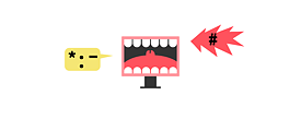 Illustration: Ein Bildschirm, der gleichzeitig ein geöffneter Mund ist, zwei Sprechblasen mit Stern, Doppelpunkt, Trennstrich und Hashtag-Zeichen