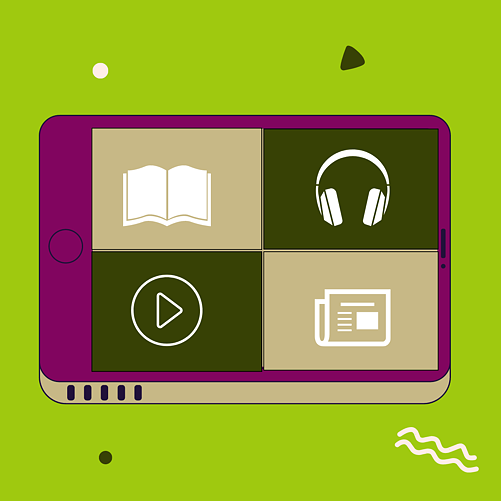 Ein Tablet, auf dem ein Buch-Icon, ein Kopfhörer-Icon, ein Play-Button und ein Zeitungs-Icon zu sehen sind
