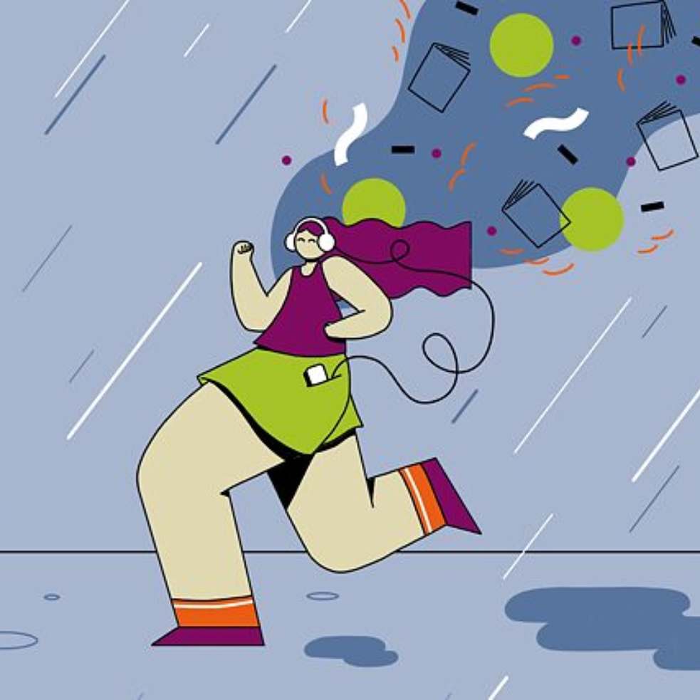 Illustration von einer Frau, die mit Kopfhörern durch den Regen läuft.