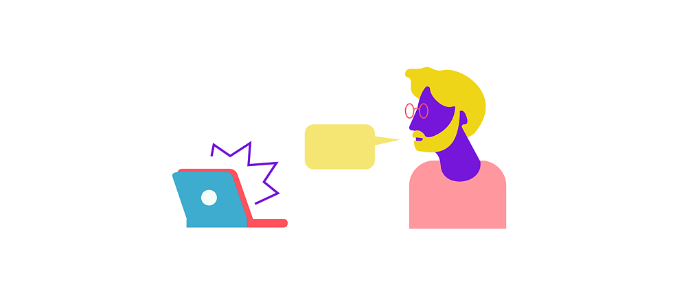 Illustration: Rear view of an open laptop partly surrounded by a jagged line; to the right a male person with a speech bubble