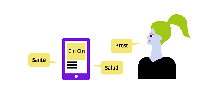 Illustration: Mobilgerät und eine Person, diverse Sprechblasen mit den Aufschriften „Prost“, „Salud“, „Santé“ und „Cin Cin“