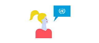 Illustration: Eine Person mit einer Sprechblase, die gleichzeitig die Flagge der Vereinten Nationen ist
