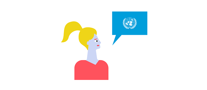 Illustration: A person with a speech bubble that is also the flag of the United Nations