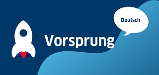 Text Vorsprungprogramm on a blue background with a rocket and speechbubble "Deutsch"
