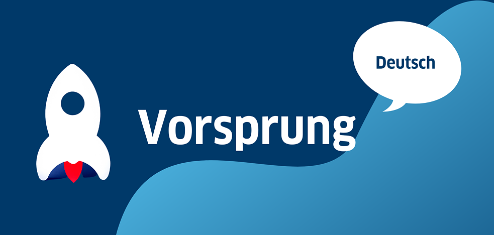 Text Vorsprungprogramm auf blauem Hintergrund mit Rakete und Sprechblase "Deutsch"