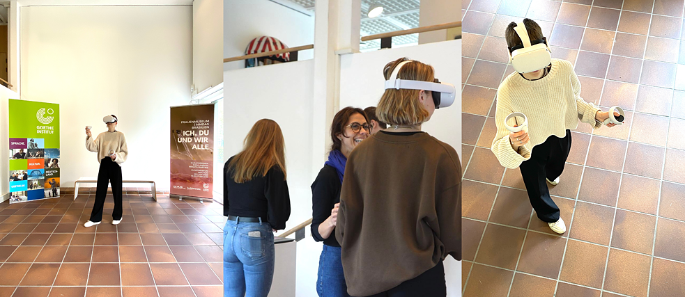 Kuratorin Renata Martins mit Besucher*innen der Ausstellung im Metaversum