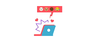 Illustration: An open laptop computer with a speech bubble containing different coloured smileys