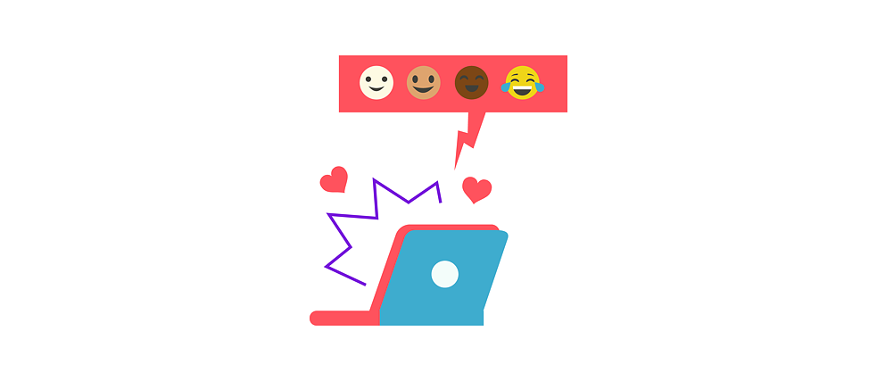 Illustration: An open laptop computer with a speech bubble containing different coloured smileys