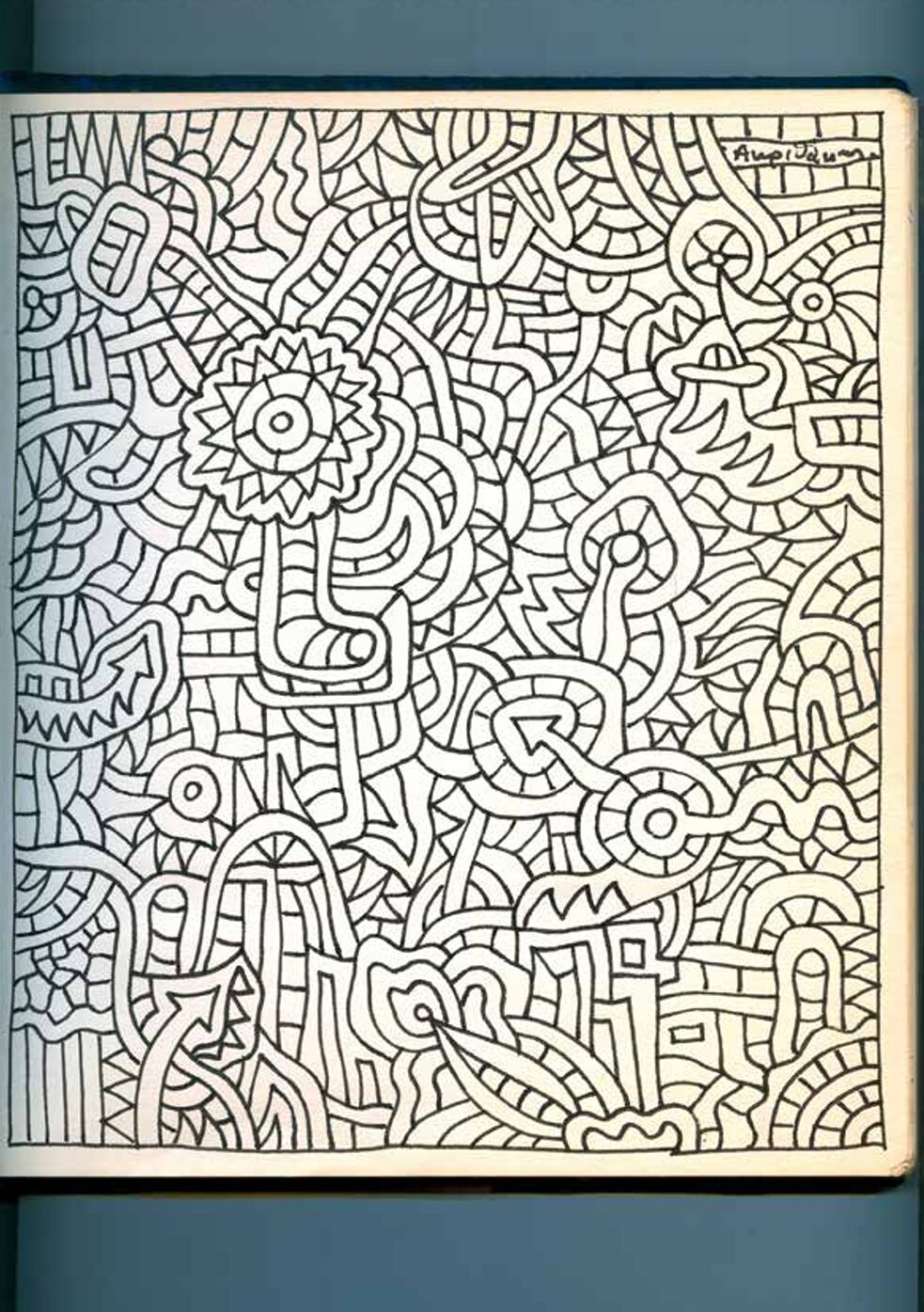 Σχέδιο του Αλέξη Ακριθάκη στο βιβλίο επισκεπτών του Εργαστηρίου Σύγχρονης Τέχνης 1968‒1969.
