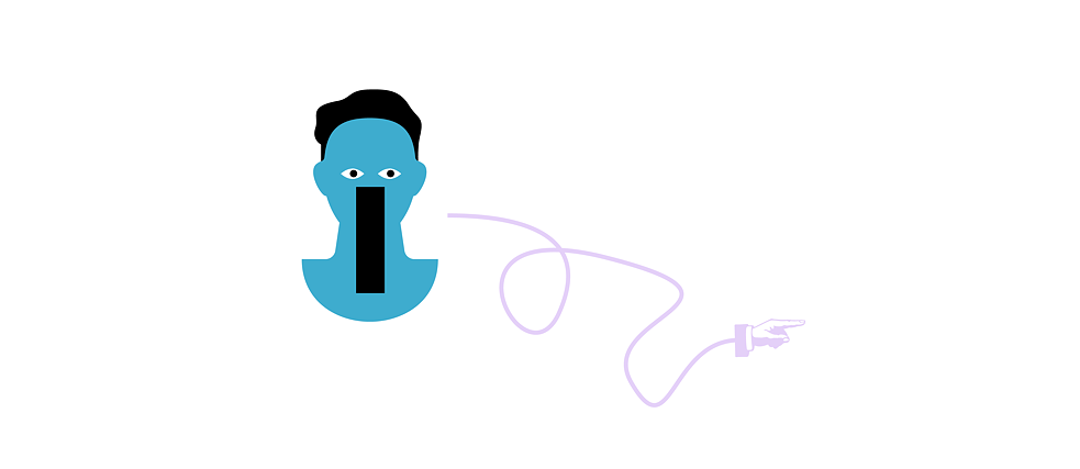 Illustration: A person with wide open mouth, from there a sinuous line at the end of which is a hand with stretched index finger