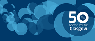 white lettering '50 Goethe-Institut Glasgow' on a background of blue coloured circles