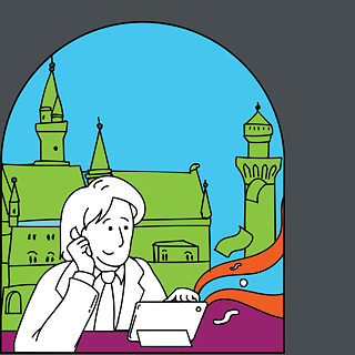 Zeichnung einer Person, die etwas am Tablet liest