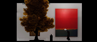 installation including a tree, a red painting and a vampire © Adrian Q. Vardi / Manuel McCarthy  Deathlocked Phoenix