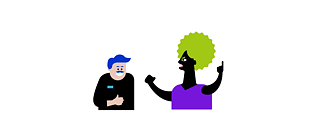 Illustration: Zwei Personen, links ein etwas verschüchtert wirkender Mann mit Oberlippenbart, rechts eine wütend wirkende Frau mit erhobenem Zeigefinger