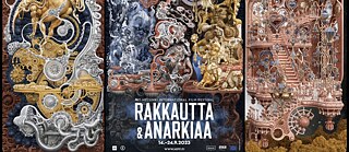 Rakkautta & Anarkiaa -festivaalin juliste. Tummalla taustalla on värikkäitä ja psykedeelisiä hahmoja. Julisteen alaosassa lukee Helsinki International Film Festival – Rakkautta & Anarkiaa 14.–24.9.2023. 