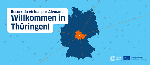 Veranstaltungsflyer mit der Silhouette Deutschlands und des Landes Thüringen im Vordergrund.