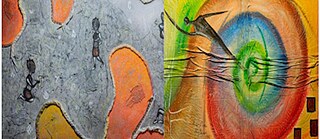 Deux peintures mises ensemble pour montrer la collégialité dans le travail des deux artistes féminines du Bénin