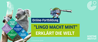 A gauche, koala sur un arbre, au centre, titre en bleu sur vert 