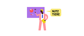 Illustration: Eine Person deutet  auf Diagramme, Sprechblase mit den Wörtern NUTZ und  TIER