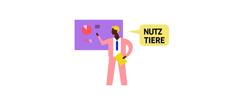 Illustration: Eine Person deutet  auf Diagramme, Sprechblase mit den Wörtern NUTZ und  TIER