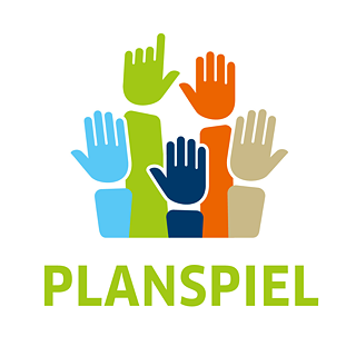 Penkios skirtingų odos spalvų rankos baltame fone, po užrašu "Planspiel Wettbewerb"