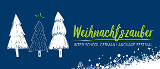 Drei Tannenbäume vor blauem Hintergrund mit der grünen Überschrift "Weihnachtszauber".