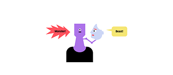 Illustration: A robot-like figure, human face, facing the figure and connected to it via a linkage; the figure says "Monster!", the face: "Beast!"