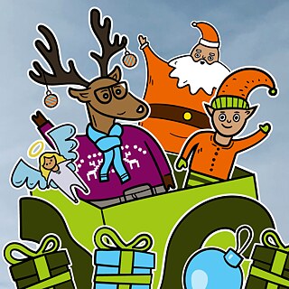 Rentier Matilda, Wichtel Karl, der Weihnachtsmann und das Christkind springen aus einem Geschenk und sind umgegeben von weiteren Geschenken und Christbaumkugeln