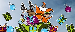 Rentier Matilda, Wichtel Karl, der Weihnachtsmann und das Christkind springen aus einem Geschenk und sind umgegeben von weiteren Geschenken und Christbaumkugeln