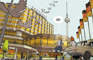 Illustration von zwei Personen in einem schnell fahrendem Wagen