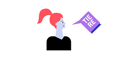 Illustration: A person with a speech bubble in the shape of a book, the letters “TIERE” (i.e., animals) on the book cover